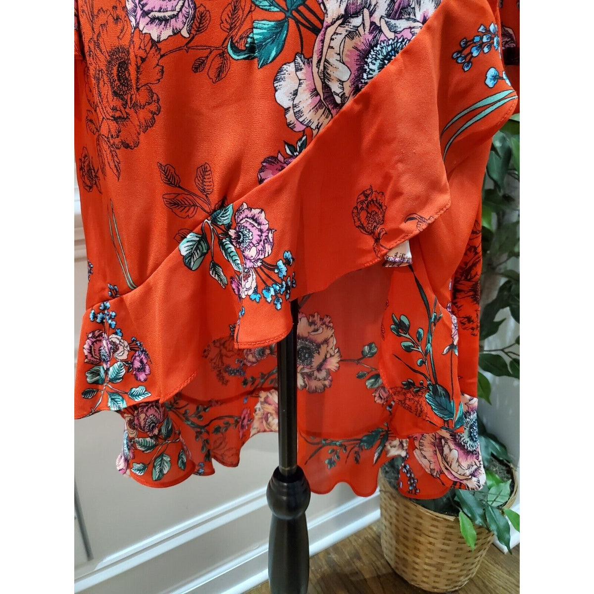 Haute Project Women Red Floral 100% Polyester V-Neck Long Sleeve Top Blouse XL