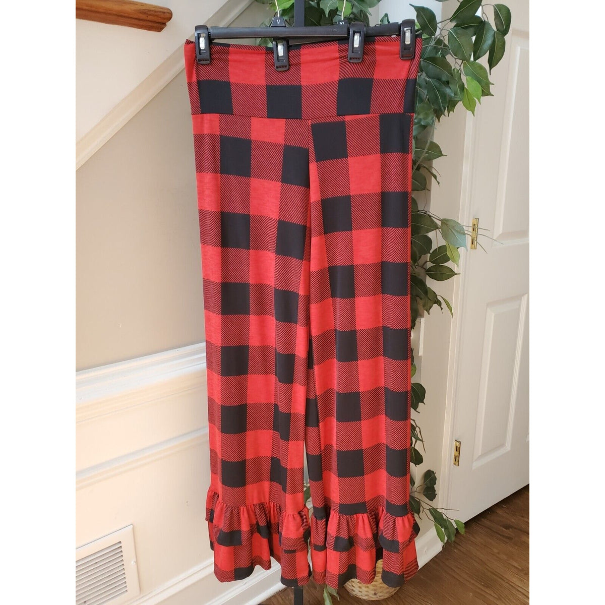 Chic Soul Womens Red Black Check Polyester Casual Elastic Waist Pants Size XL