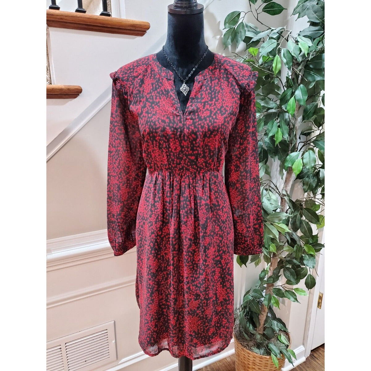 Beach Lunch Lounge Kelsea Babydoll Black & Red V-Neck Long Sleeve Dress L/G/G