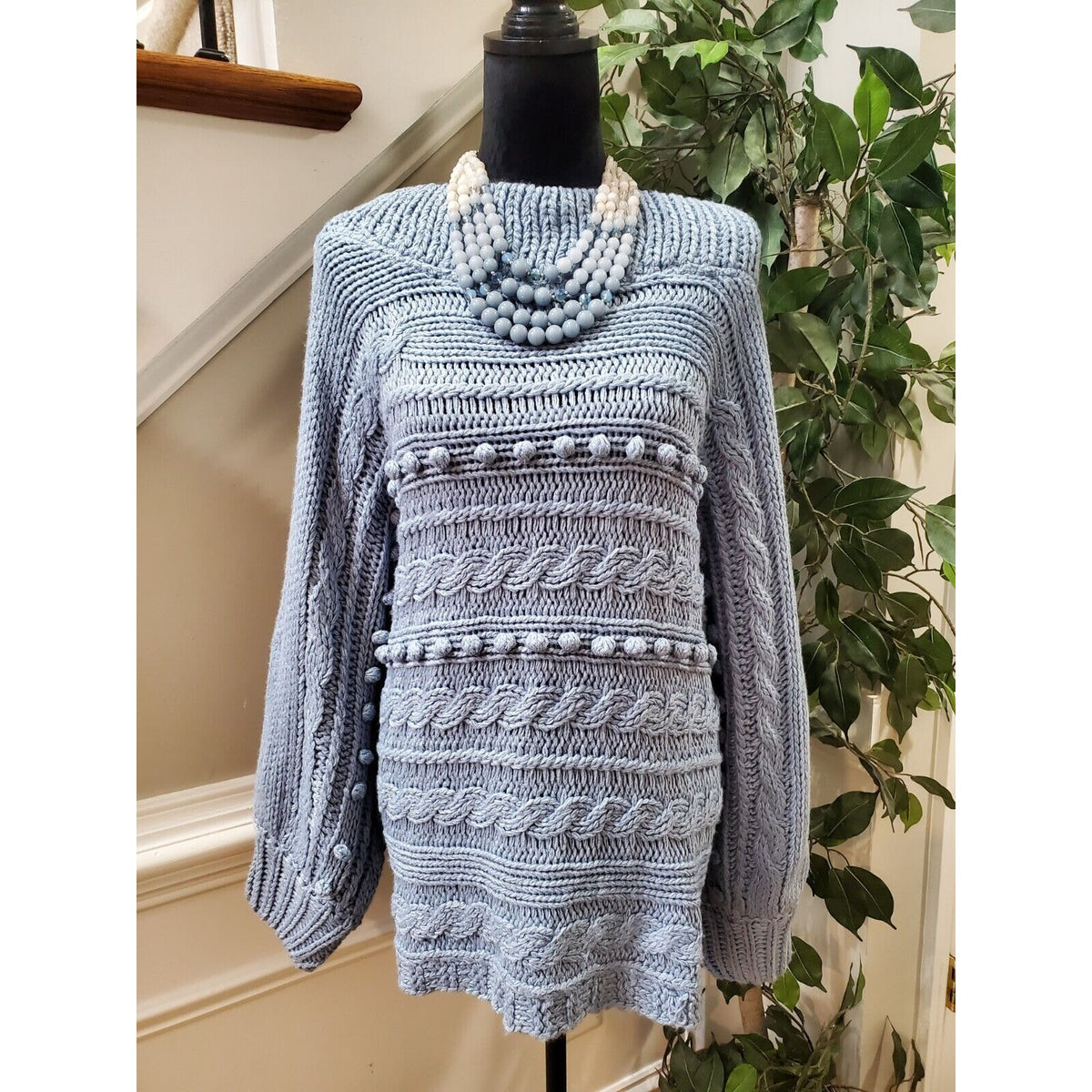Fashion Nova Hoping For Love Blue Off Shoulder Cable Knit Sweater 2XL