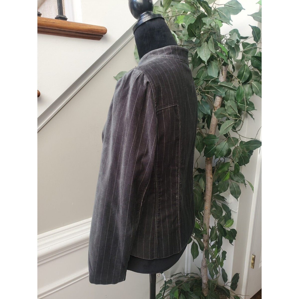 Loft Ann Taylor Gray Striped Mock Neck Velvet Long Sleeve Blazer Jacket Size 6