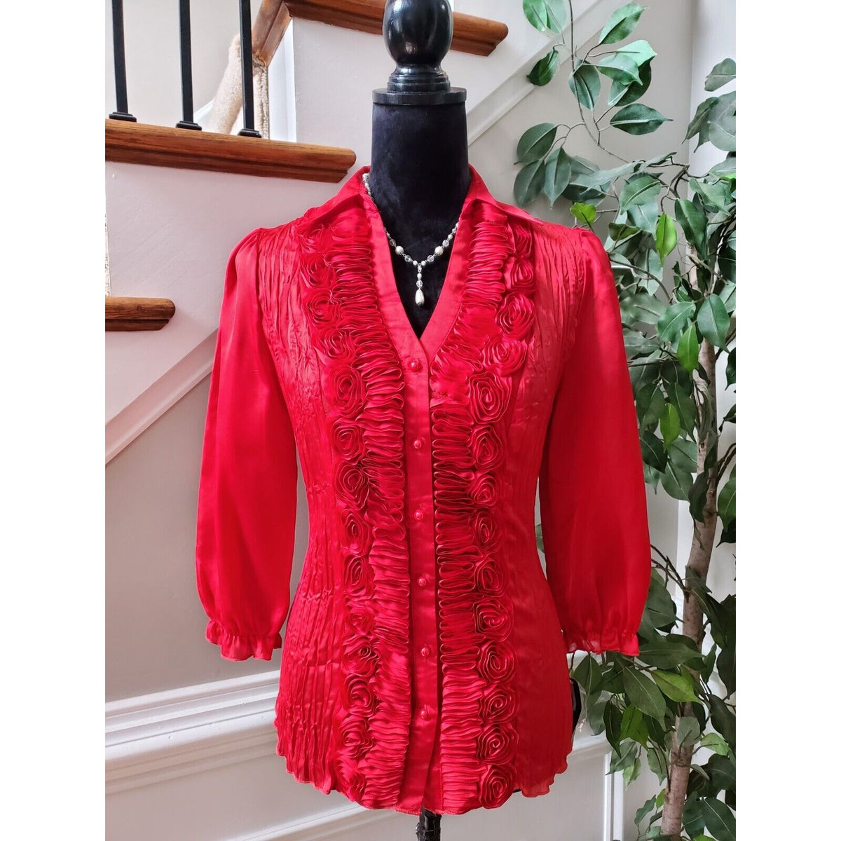 New Directions Women Red Polyester Collared Neck Long Sleeve Button Down Shirt S