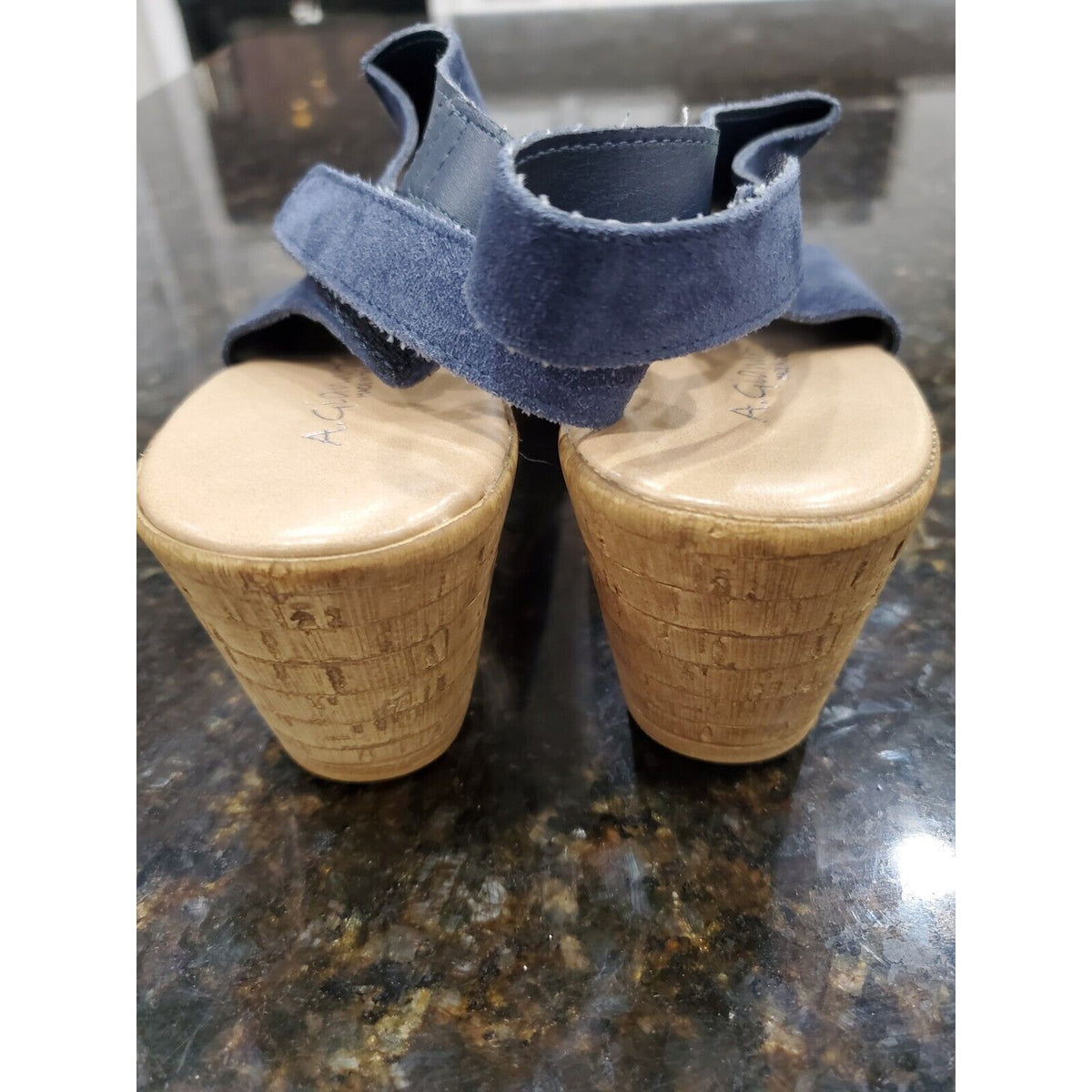 A Giannetti Women's Shoes Sandals Wedge Size 9 Blue Suede Open Toe Sling Back