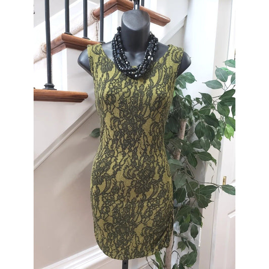 Nicole Womens Green Black Lace Floral Rayon Sleeveless Knee Length Dress Small