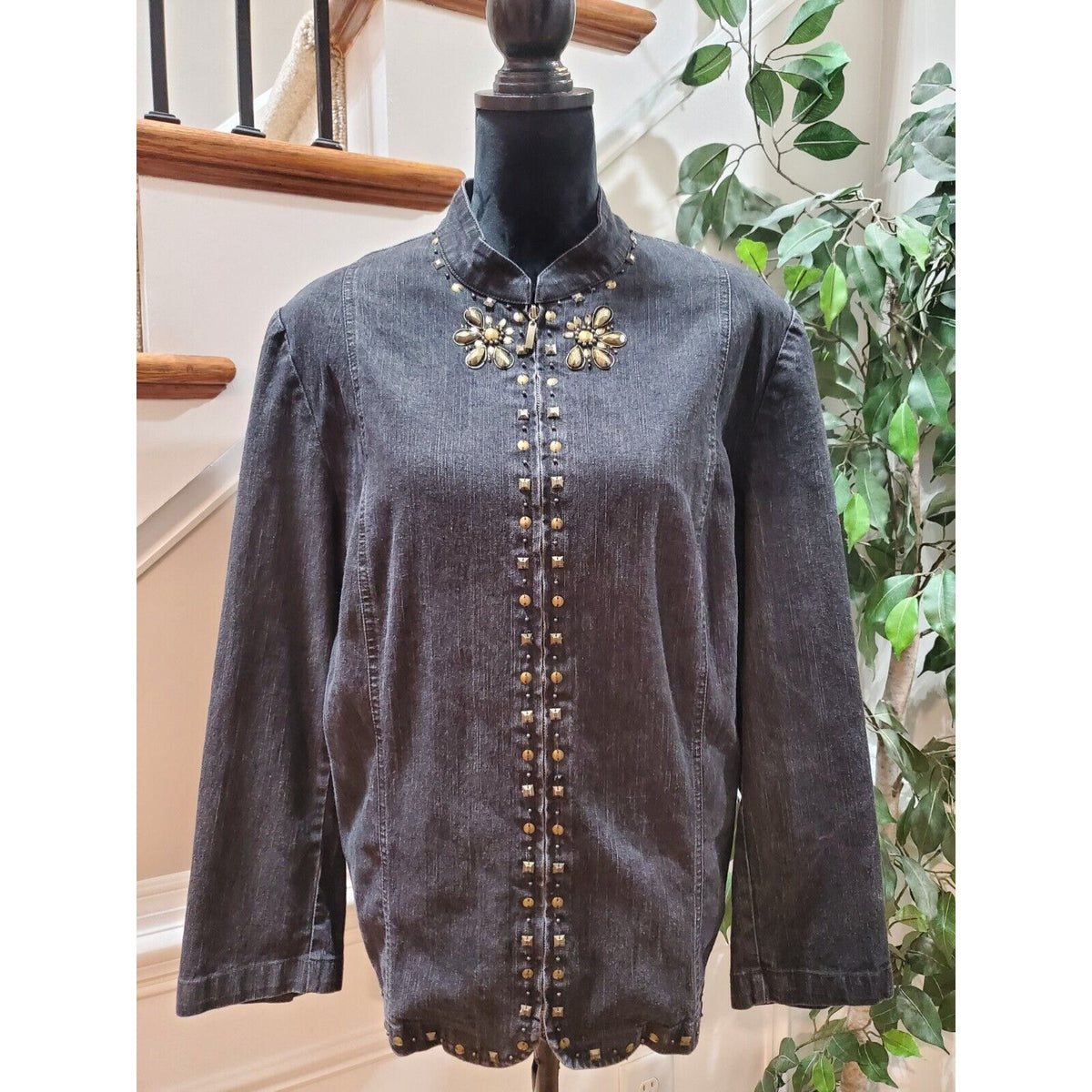 Alfred Dunner Women Gray Denim Ramie Long Sleeve Full Zip Casual Jacket Size 16W