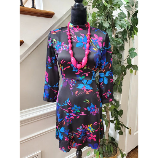 Bar III Women's Black Floral Polyester Mock Neck Long Sleeve Knee Length Dress 4