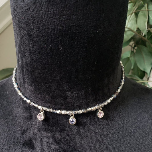 Amazing Crystals Stone Silver Tone Beaded Choker Necklace