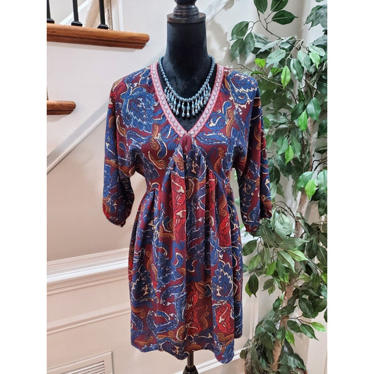 Umgee Boho Paisley Cotton V-Neck Half Sleeve Festival Dress Size Small