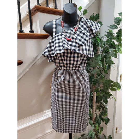 Calvin Klein Womens Black White One Shoulder Flounce Gingham Knee Length Dress 2
