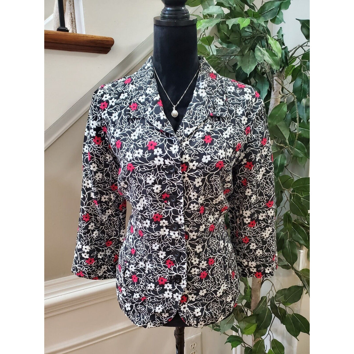 Kim Rogers Women's Black Floral Linen Collared Long Sleeve Button Down Shirt 12