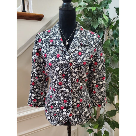 Kim Rogers Women's Black Floral Linen Collared Long Sleeve Button Down Shirt 12