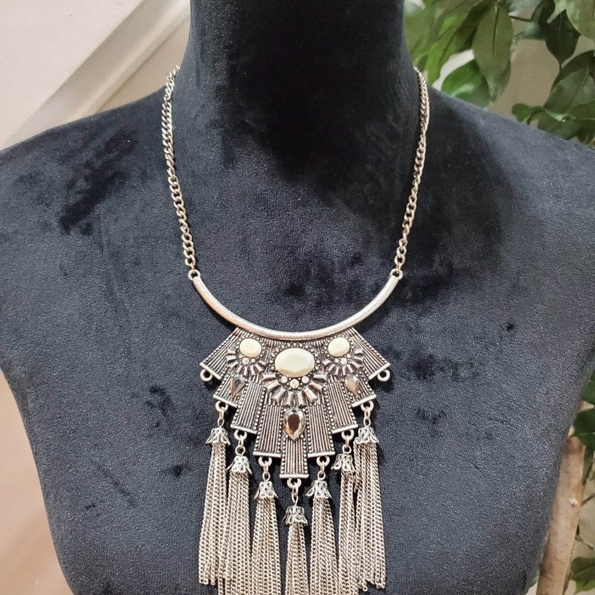 Women's Silver Turkish Statement Long Tassel and Pendant Necklace