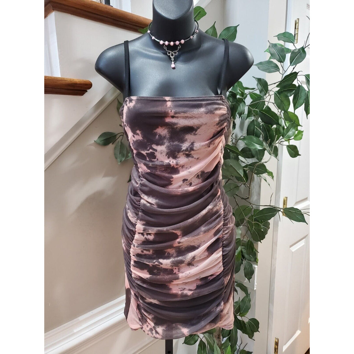 PRETTYLITTLETHING Women Brown & Beige Tie Dye Polyester Knee Length Dress Size 8