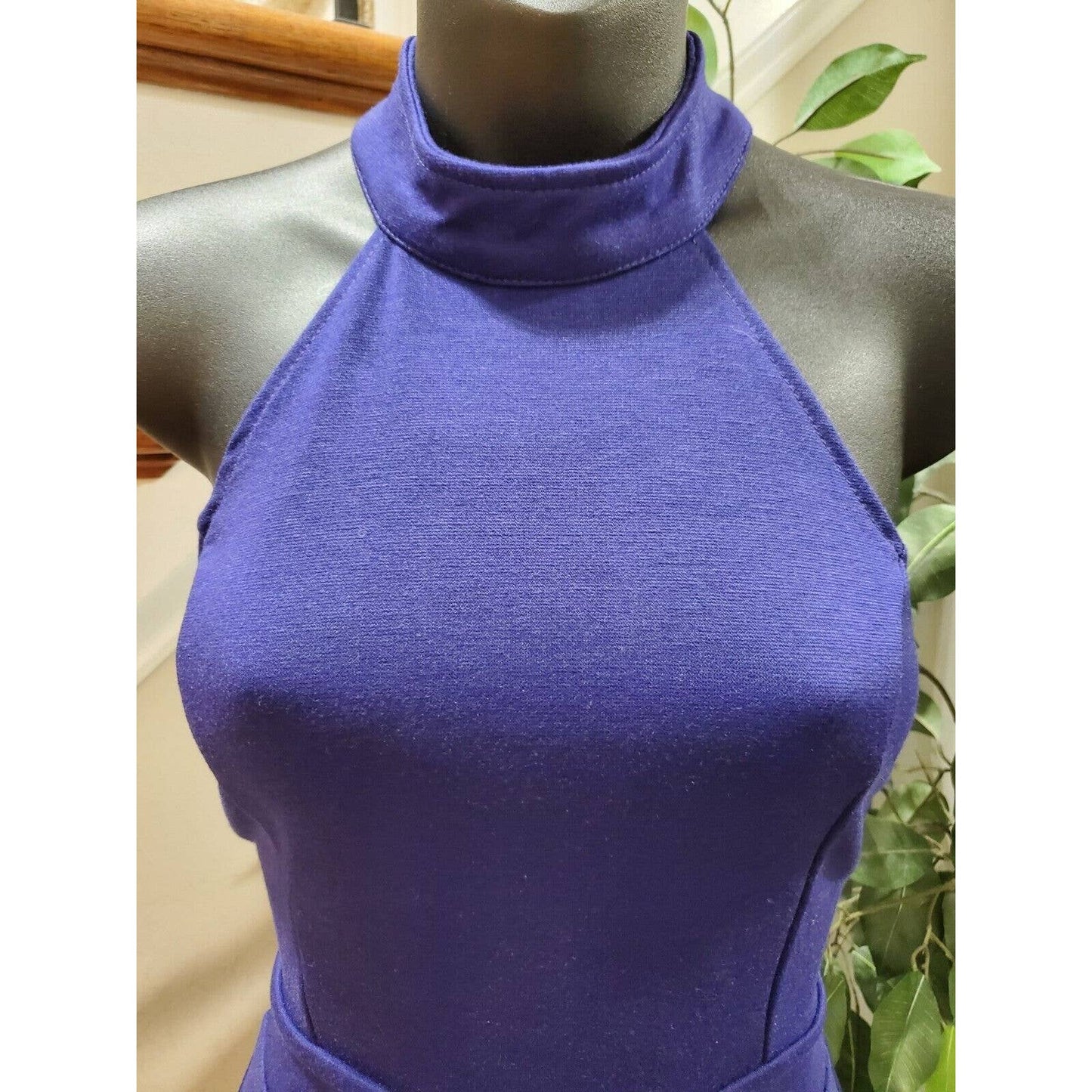 Mushare Women's Blue Rayon Halter Neck Sleeveless Knee Length Dress Size X-Small