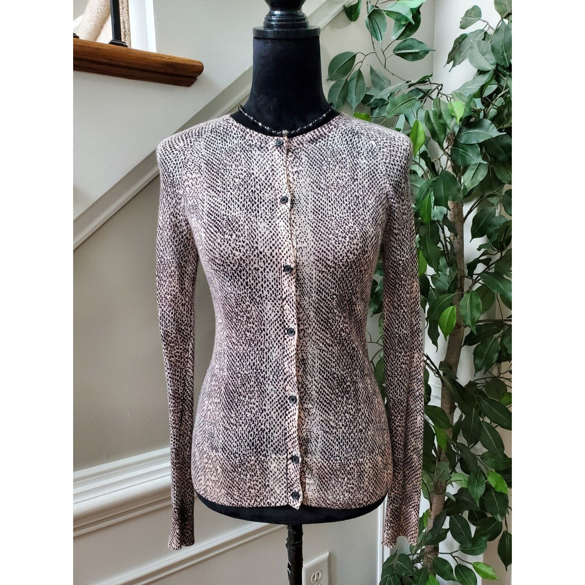 Loft Women Animal Print Beige & Black Ramie Long Sleeve Button Front Cardigan XS