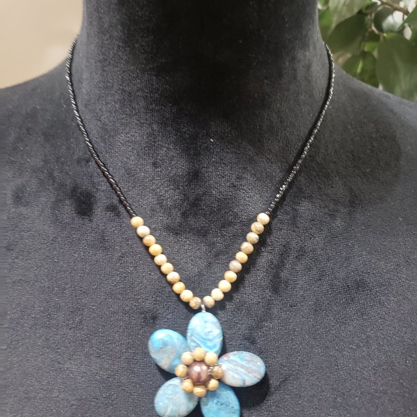 Womens Faux Pearls and Pale Light Blue Big Flower Beaded Pendant Collar Necklace