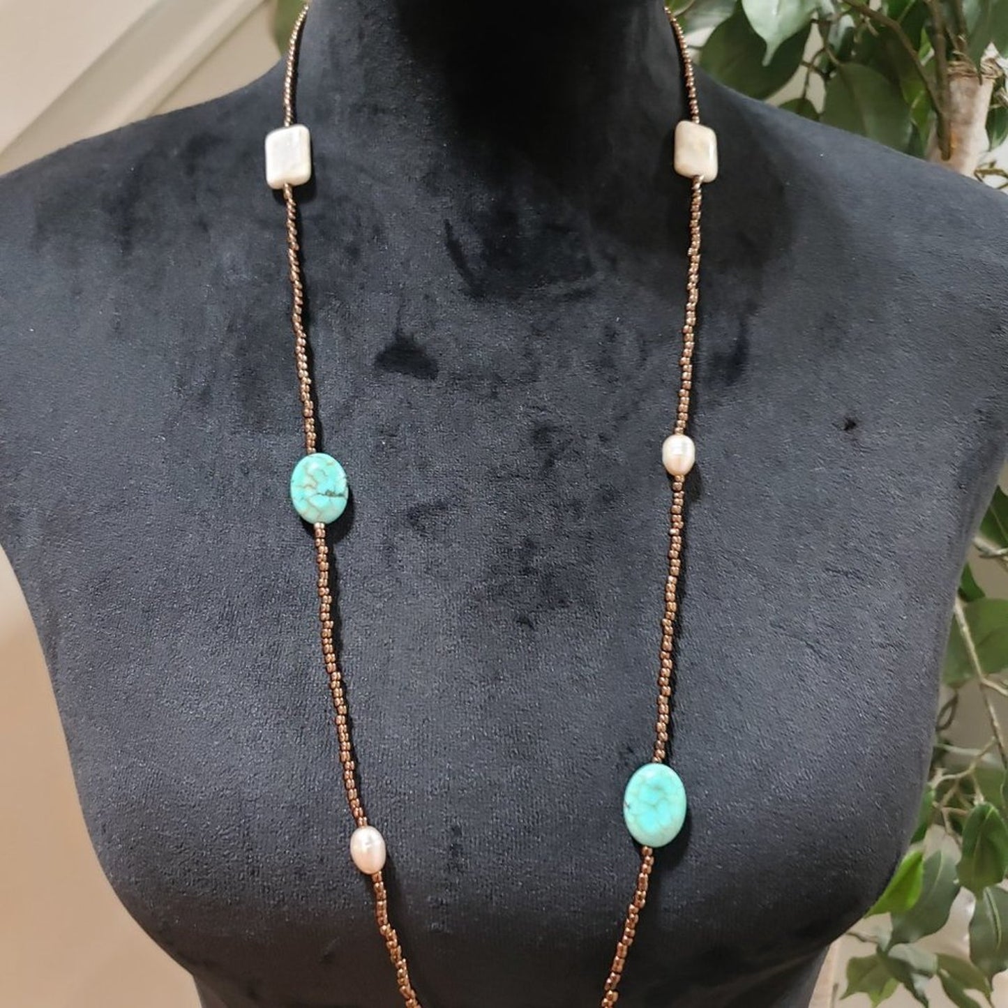 Womens Gold Tone Beads Blue Turquoise Stone Teardrop Charm Necklace