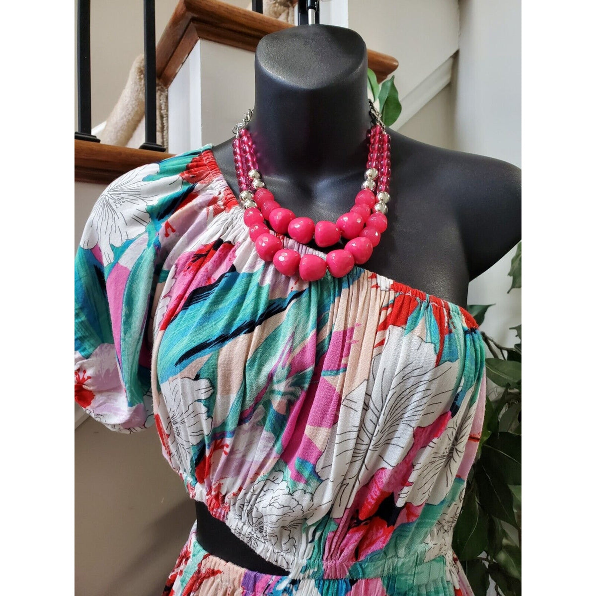 America & Beyond Women Floral Viscose One Shoulder Off Casual Long Maxi Dress M
