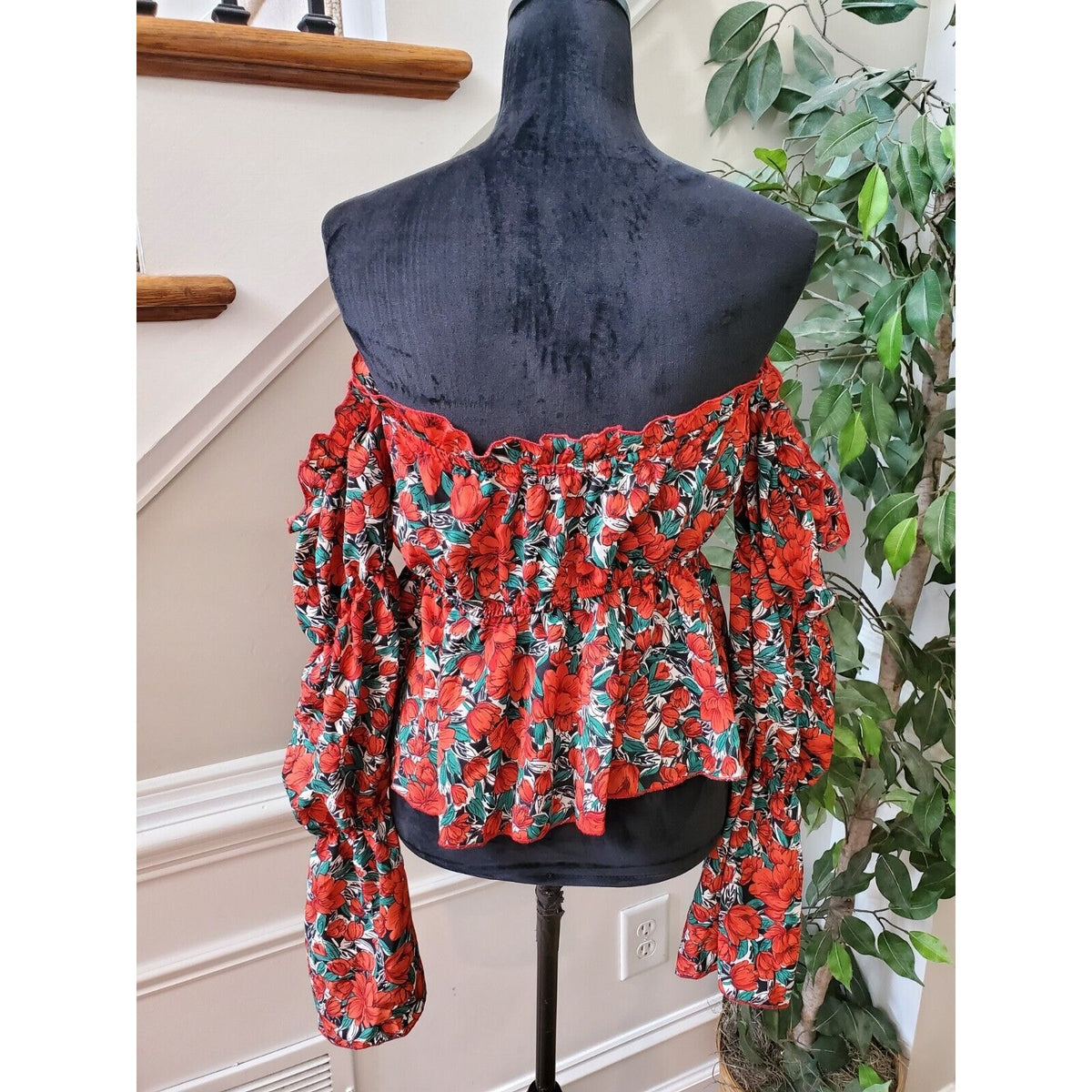 SHEIN Women Red Floral 100% Polyester Off The Shoulder Long Sleeve Top Blouse L