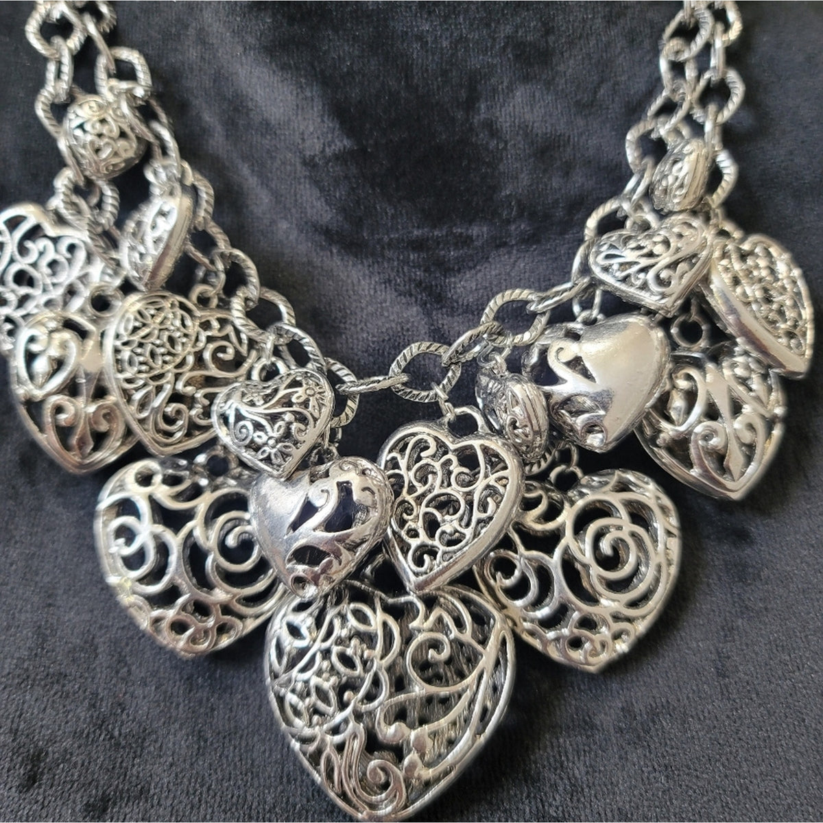 Silver Heart Double Layer Statement Necklace