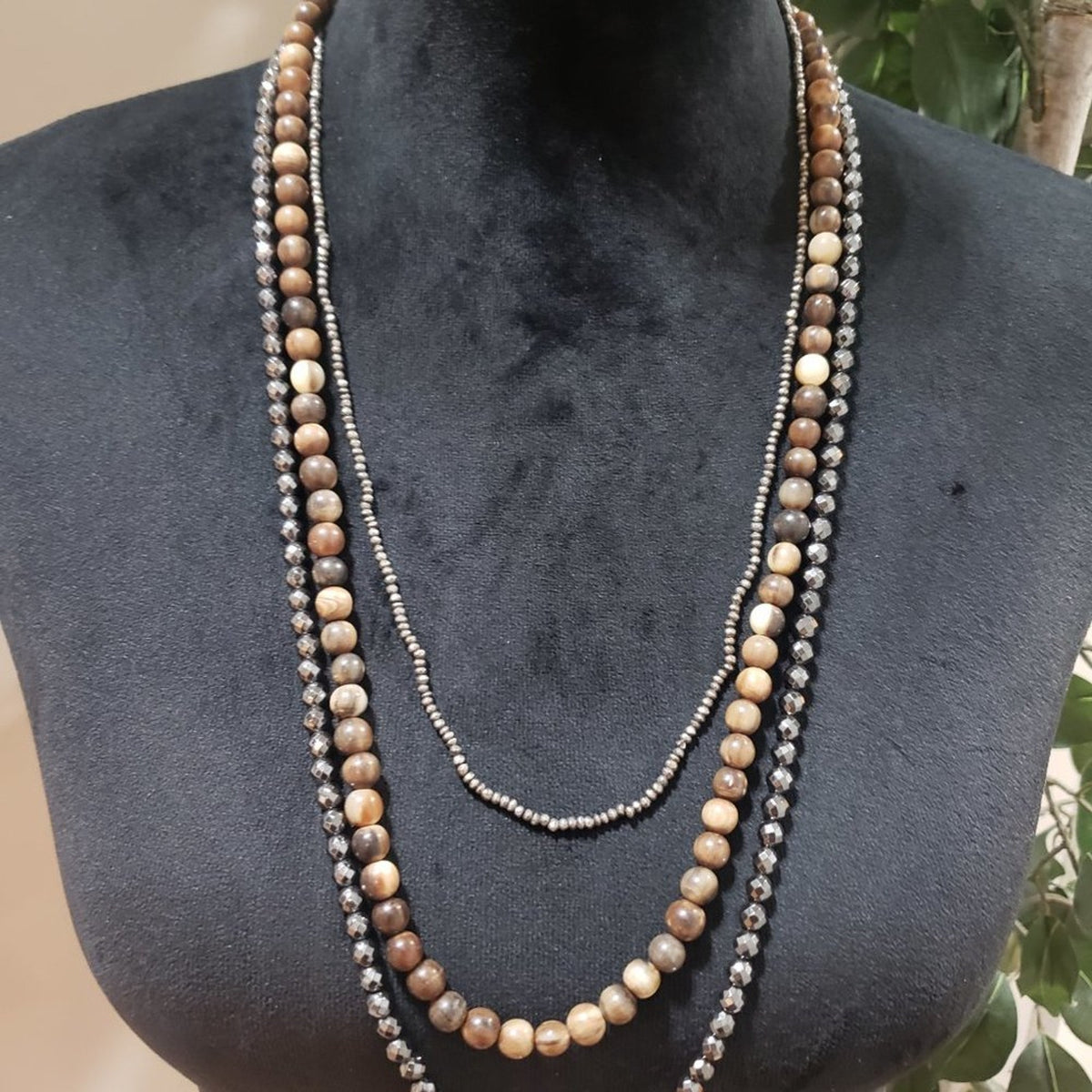 Womens Fashion Triple Strand Silver Tone Beads Brown Woooden Beads Long Necklace