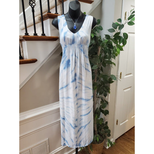 Raviya Womens White Blue Tie Dye 100% Rayon V Neck Sleeveless Maxi Dress Small