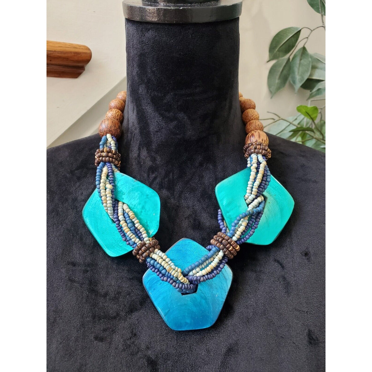 Wood and Seed Beads with Resin Necklace by Kathy Gelfand