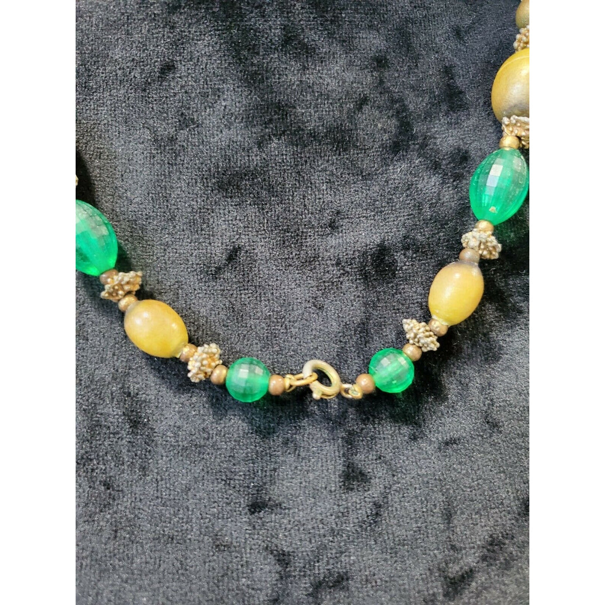 Vintage Wooden Green Olive, Crystal & Gold Ball Dangle Necklace 24"