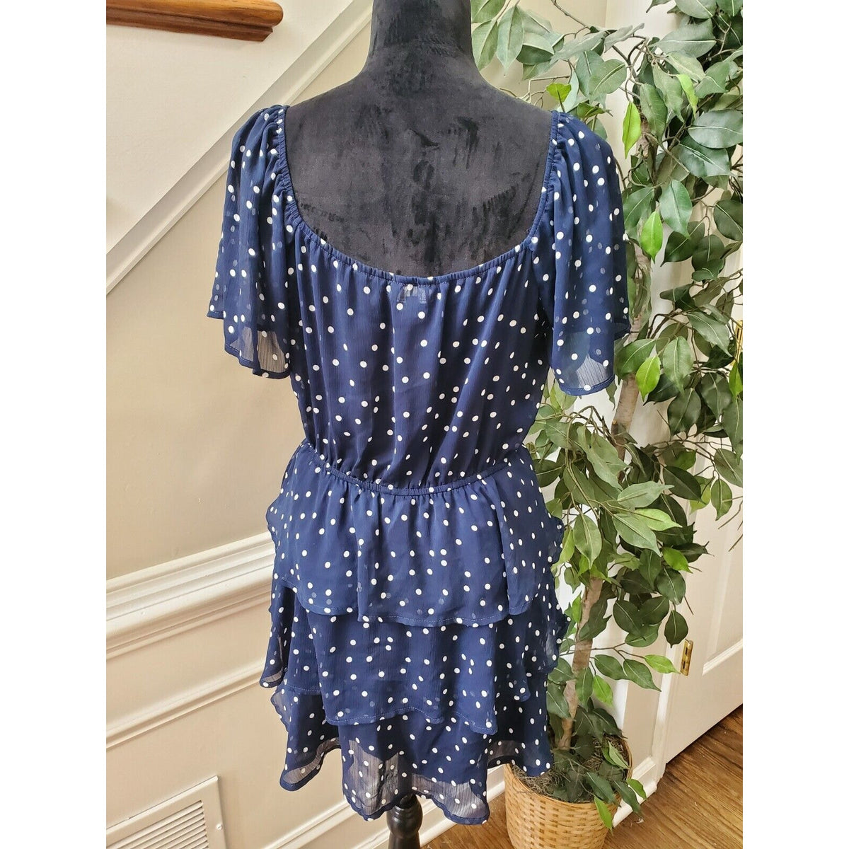 Trixxi Womens Small Polka Dot Mini Dress Navy White Flutter Sleeve Nautical L