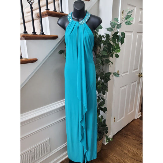 Betsy & Adam Womens Blue Polyester Halter Neck Sleeveless Long Maxi Dress Sz 14