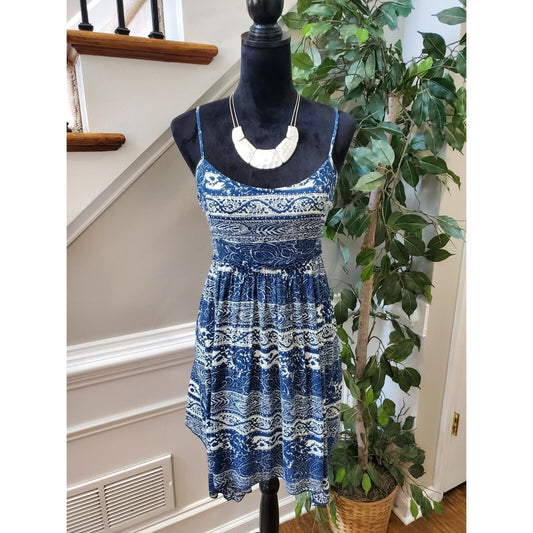 American Eagle Outfitters Women Blue White Cotton Scoop Neck Knee Length Dress L