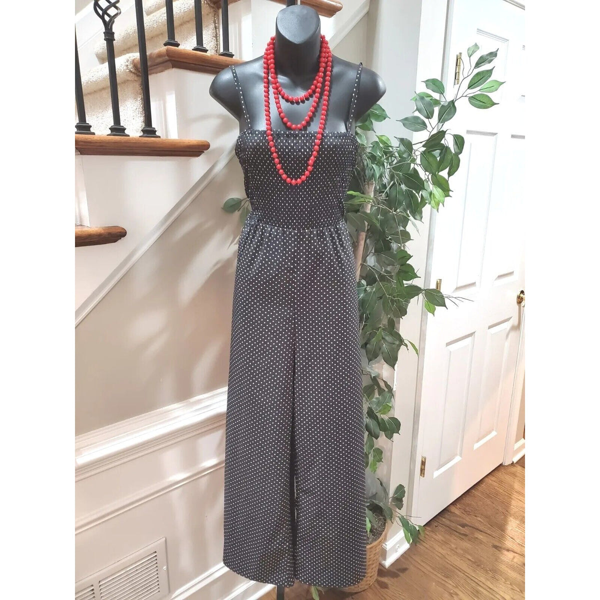 Lumiere Women Black Polka Dot Polyester Off The Shoulder 1 Piece Jumpsuit Size L