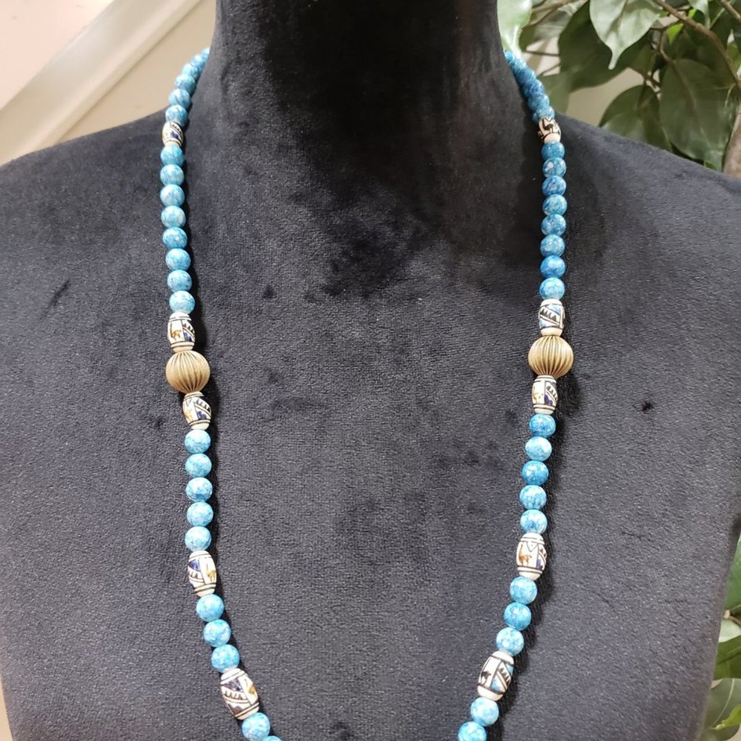 Womens Blue Round Turquoise Stone Beaded Long Necklace