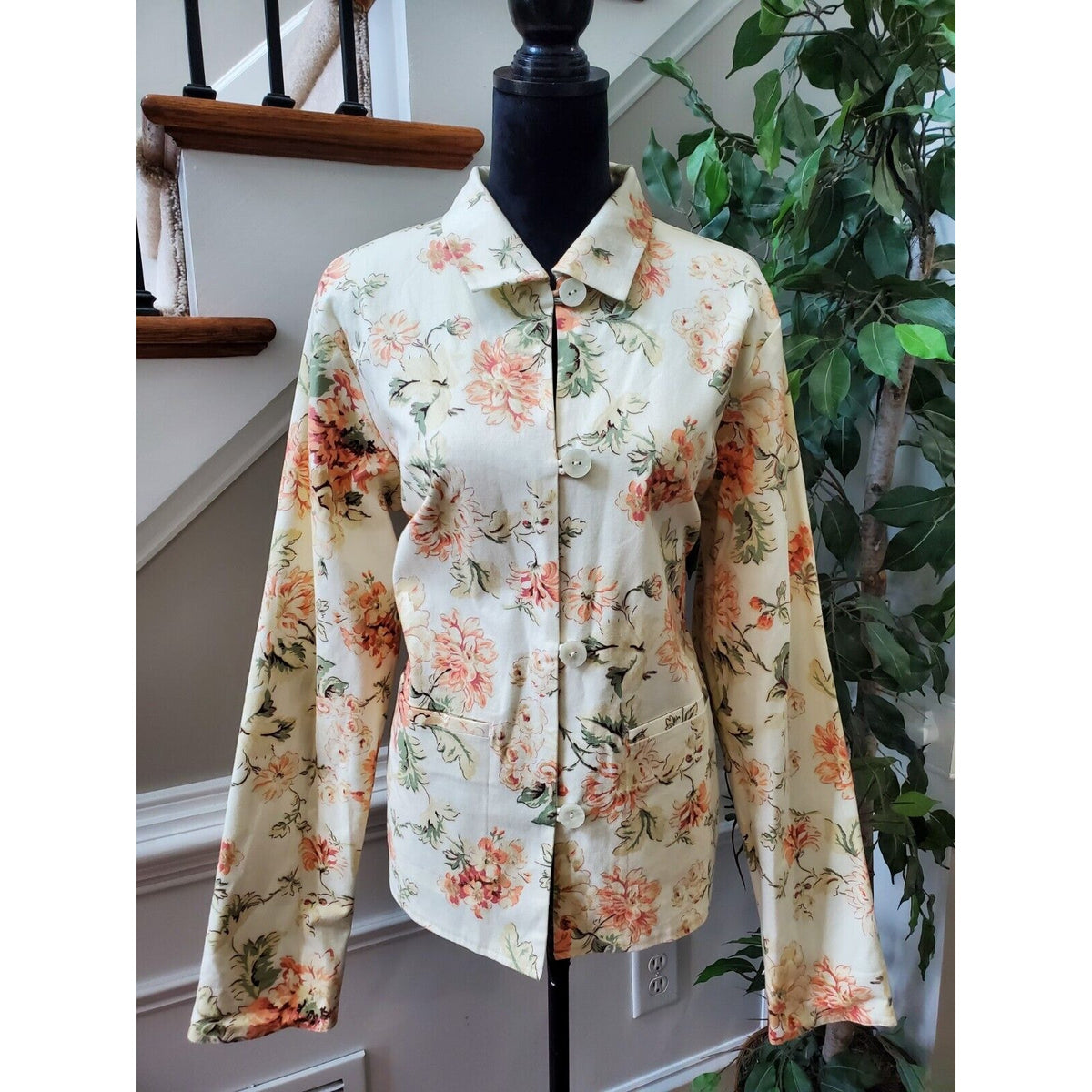 Denim & Co. Women's Beige Cotton Long Sleeve Button Front Collared Jacket Large