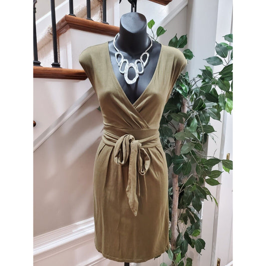 Loft Green Solid Cotton V-Neck Short Sleeve Casual Knee Length Dress Size MP