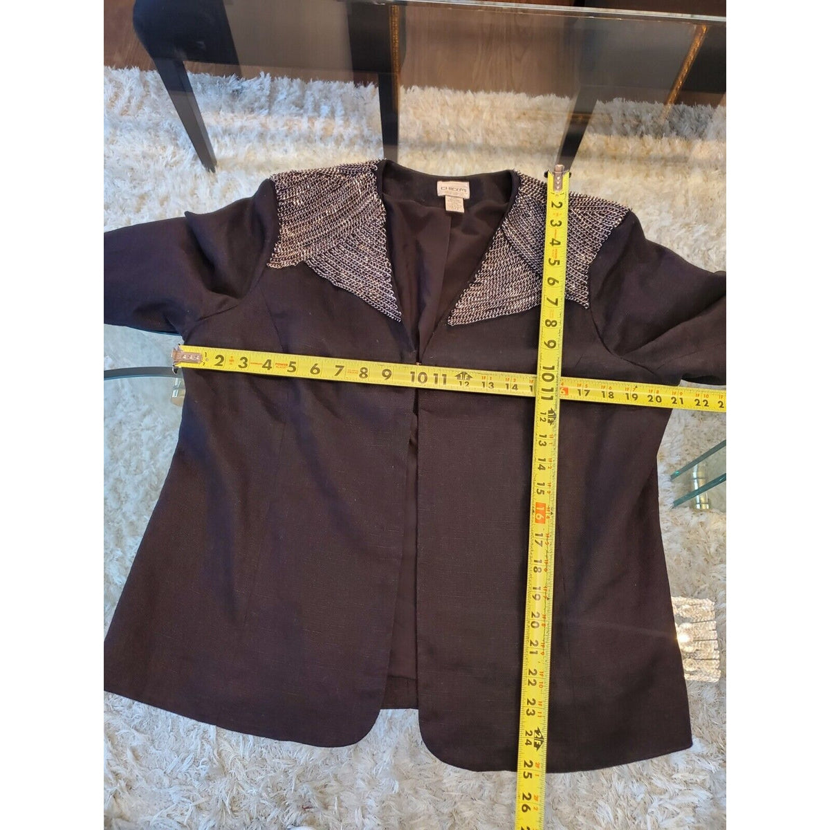 Chico's Women's Black Linen Long Sleeve Casual Hook & Eye Jacket Blazer Size 2 L