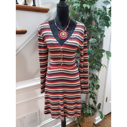 Alya Womens Multi Striped Polyester V Neck Long Sleeve Knee Length Dress Large