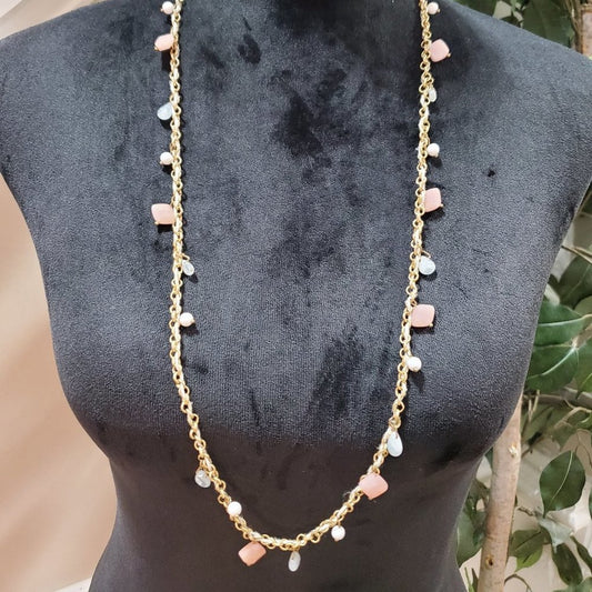 Womens White & Pink Stunning Pearl Gold Plated Earring Chain Necklace