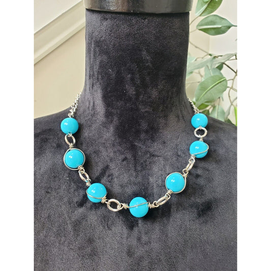 Women's Silver Tone Teal Turquoise Bead Balls Fashion Jewelry Necklace