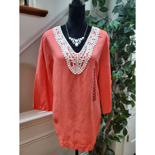 Premise Women's Peach Linen V-Neck Long Sleeve Casual Top Blouse Size X-Large