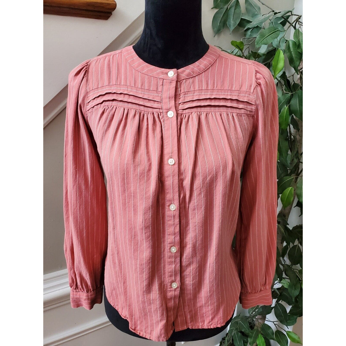Loft Pink Petite Striped Shirttail Blouse Pressed Petal 100% Cotton Size 2XSP