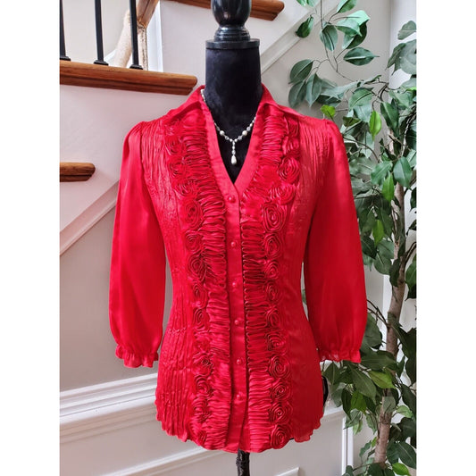 New Directions Women Red Polyester Collared Neck Long Sleeve Button Down Shirt S