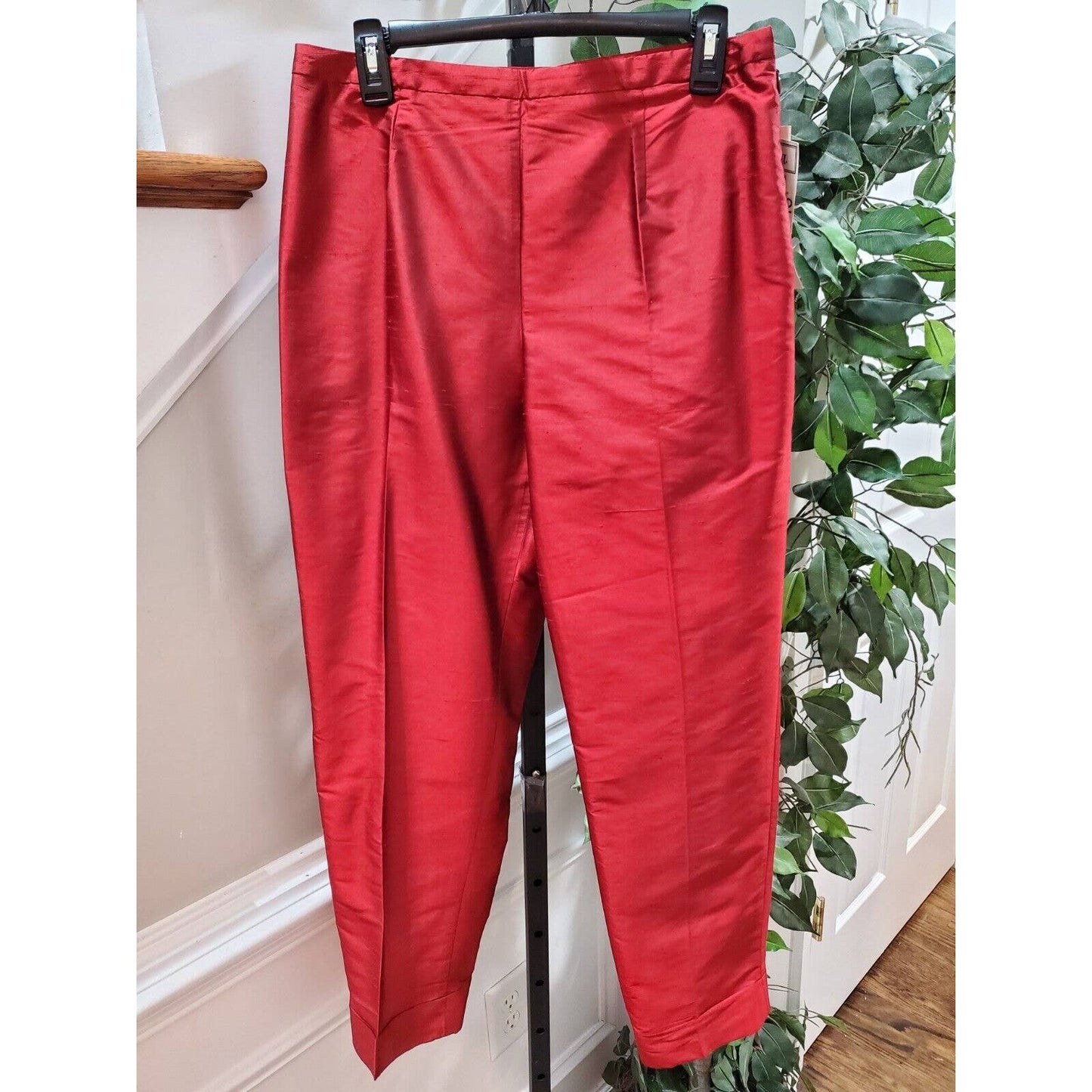 Gianni Women's Red Silk High Rise Straight Fit Trouser Casual Pant Size 12