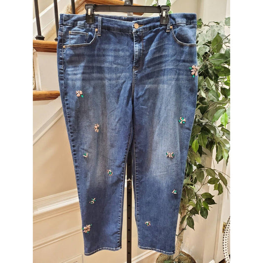 Chico's Decorative Blue Denim Cotton Mid Rise Skinny Legs Casual Jeans Pants 18R