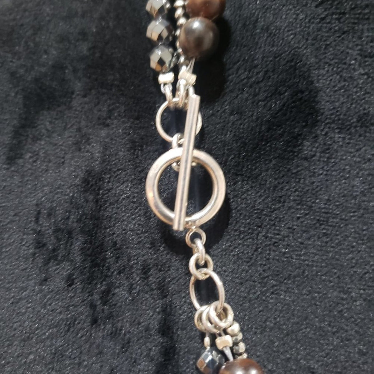 Womens Fashion Triple Strand Silver Tone Beads Brown Woooden Beads Long Necklace