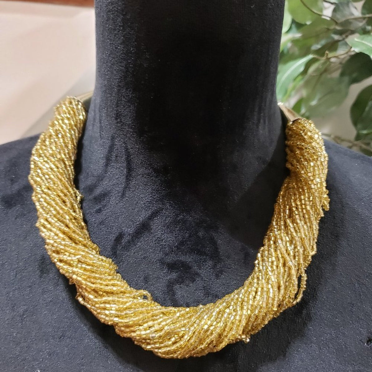 Beaded Statement Necklace with Accents Gold Tone Glass Seed Braided