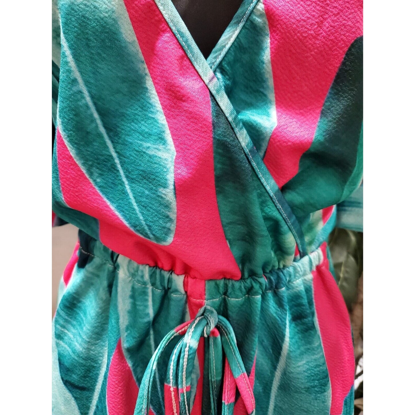 Famulily Women's Pink & Blue 100% Polyester V-Neck 3/4 Sleeve Casual Romper L