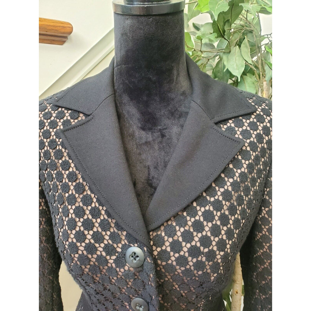 Kay Unger Womens Black Cotton 3/4 Sleeve Crochet Swiss Dot Stretch Blazer Size 6