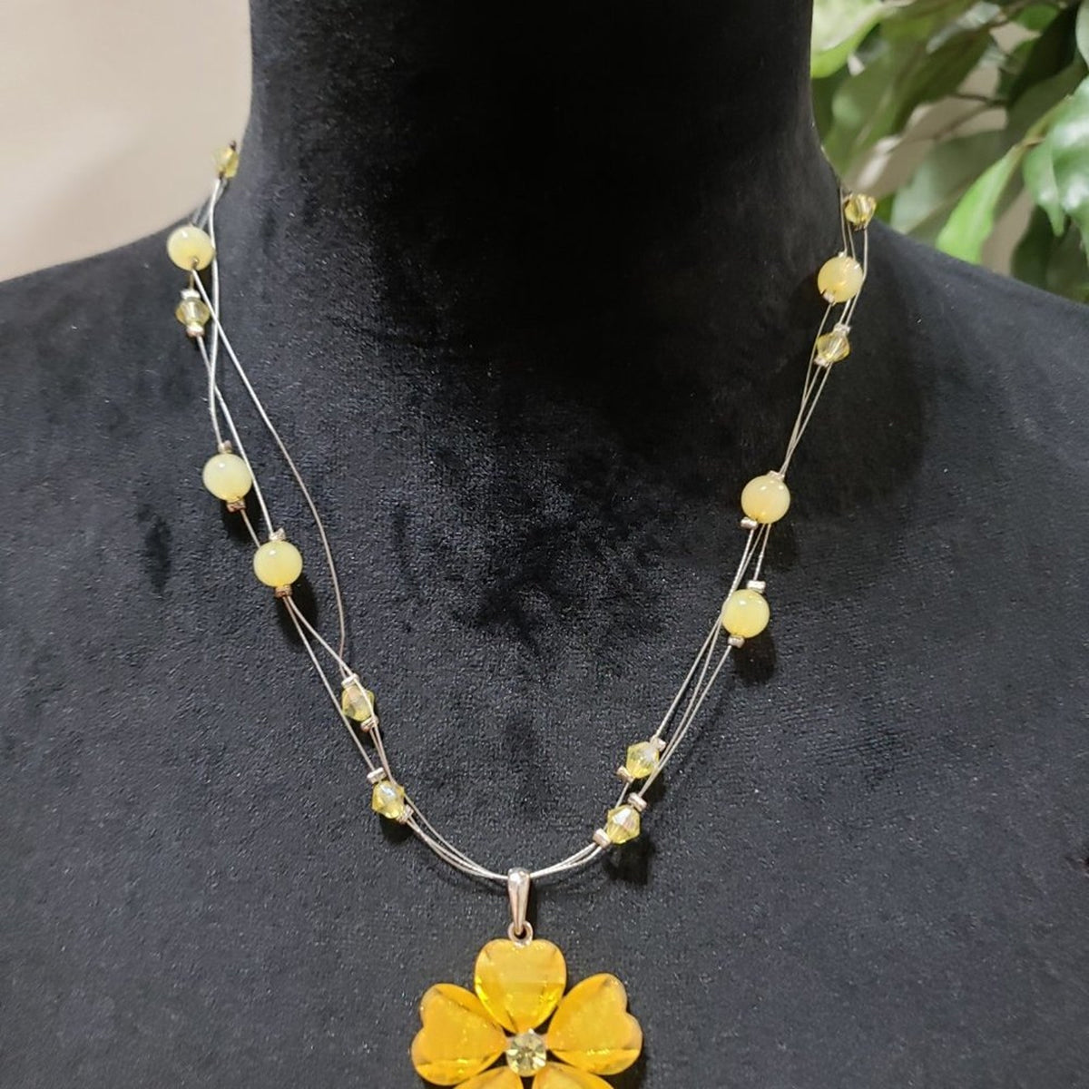 Womens Fashion Triple Strand Yellow Flower Pendant Beaded Charm Necklace