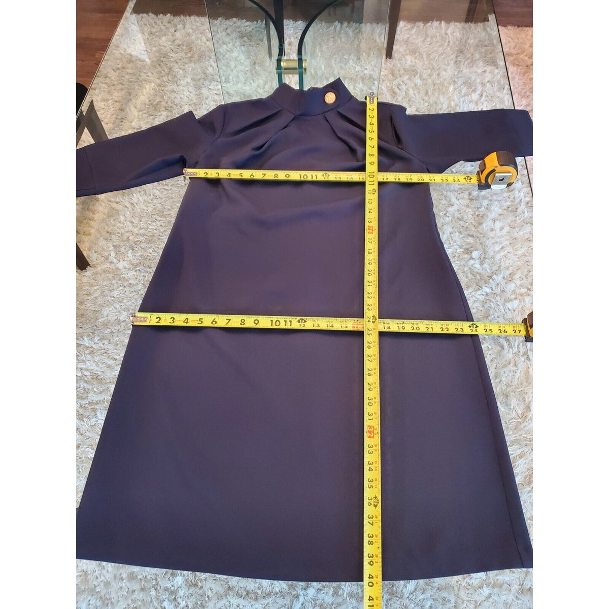Dioni Women Blue Solid Cotton Mock Neck 3/4 Sleeve Knee Length Sheath Dress XL